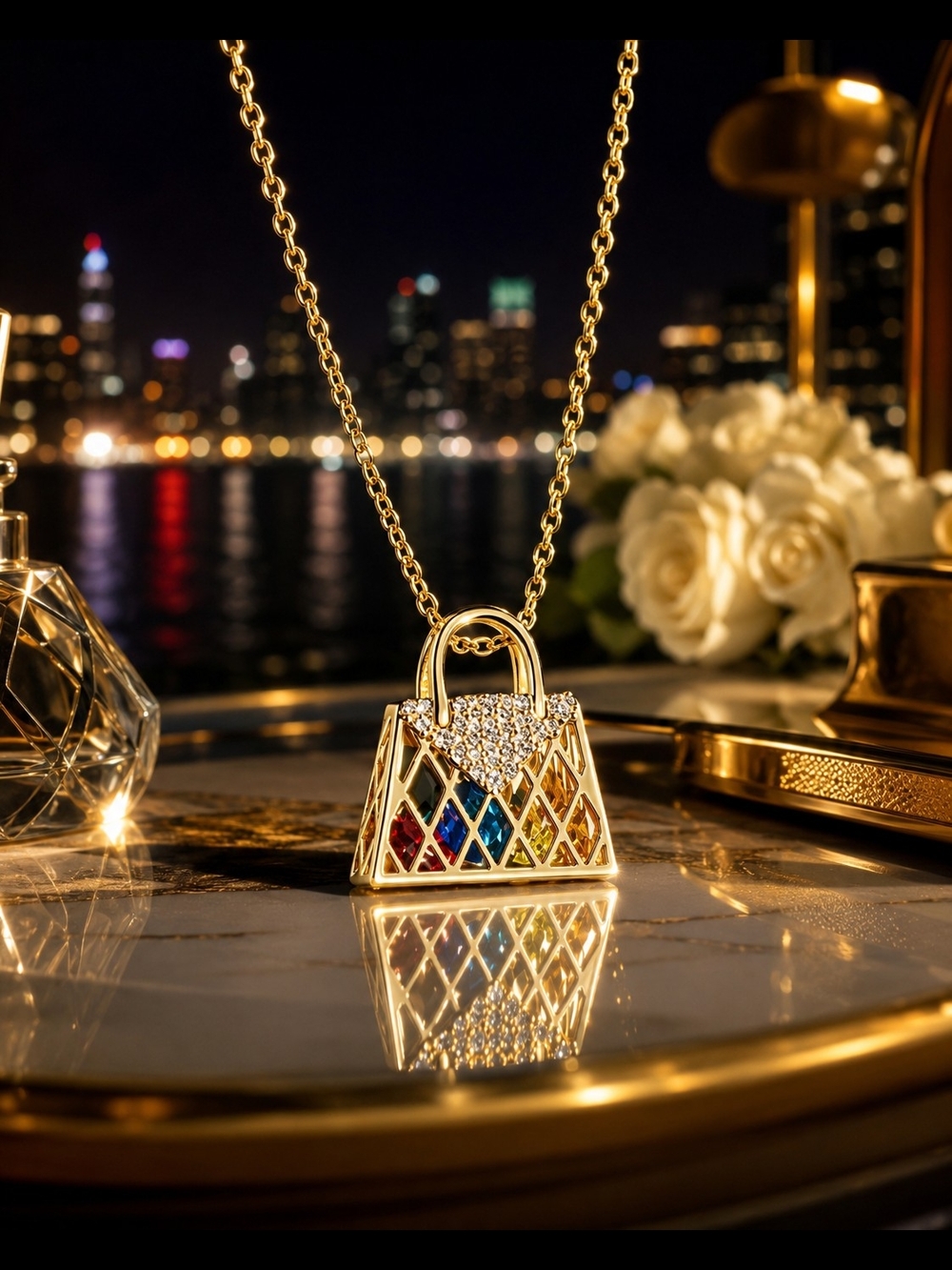 Gold Handbag Purse Pendant Necklace CZ Crystal Multicolor Designer Inspired